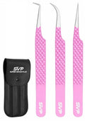 Pink diamond-grip eyelash tweezers set with three tools and black storage pouch