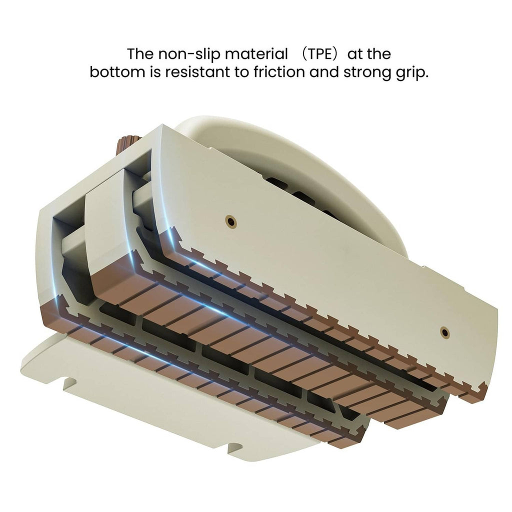 Bottom of push block showing brown ribbed non-slip grip pads and screw holes