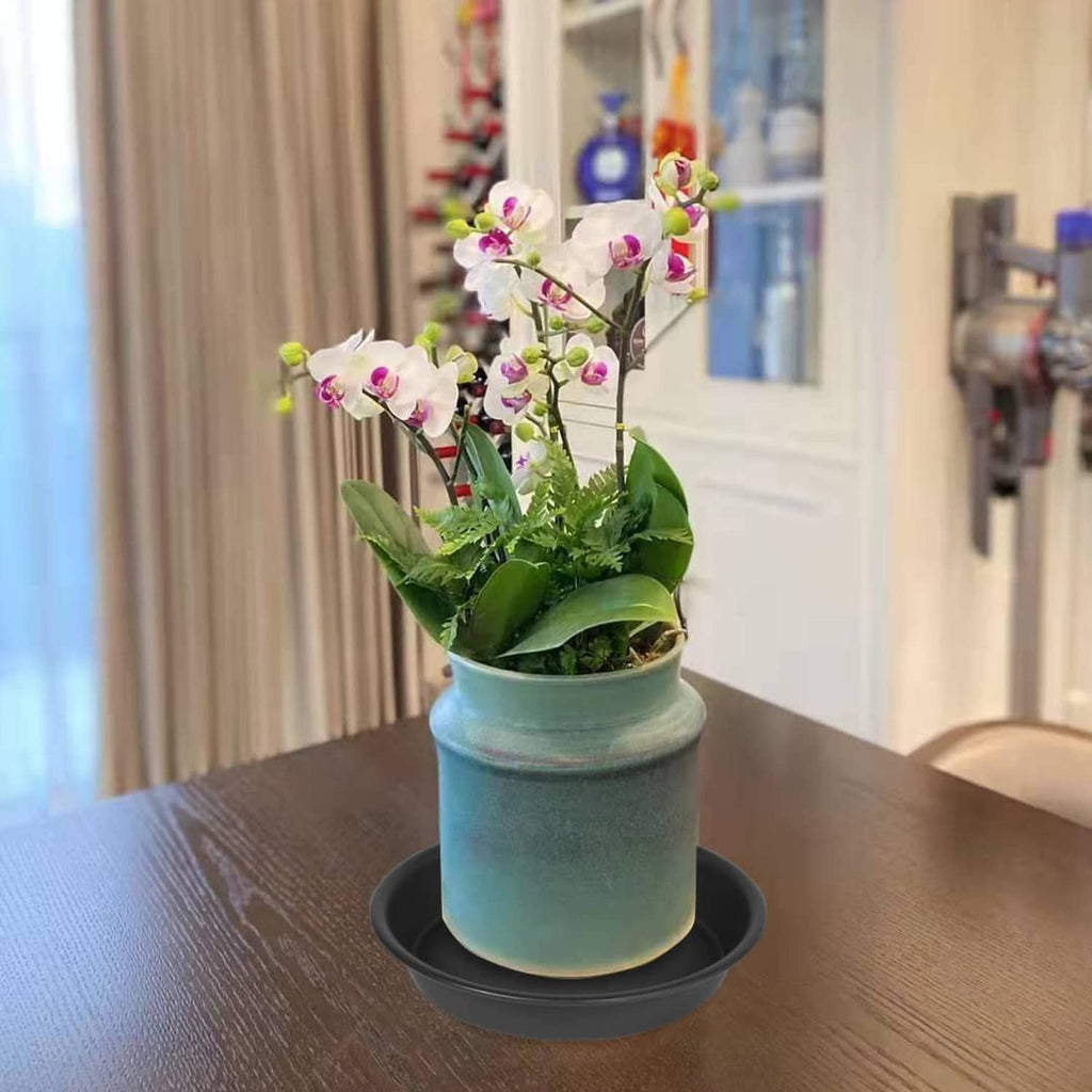 Black round plant saucer tray under a blue planter with flowers and leaves.