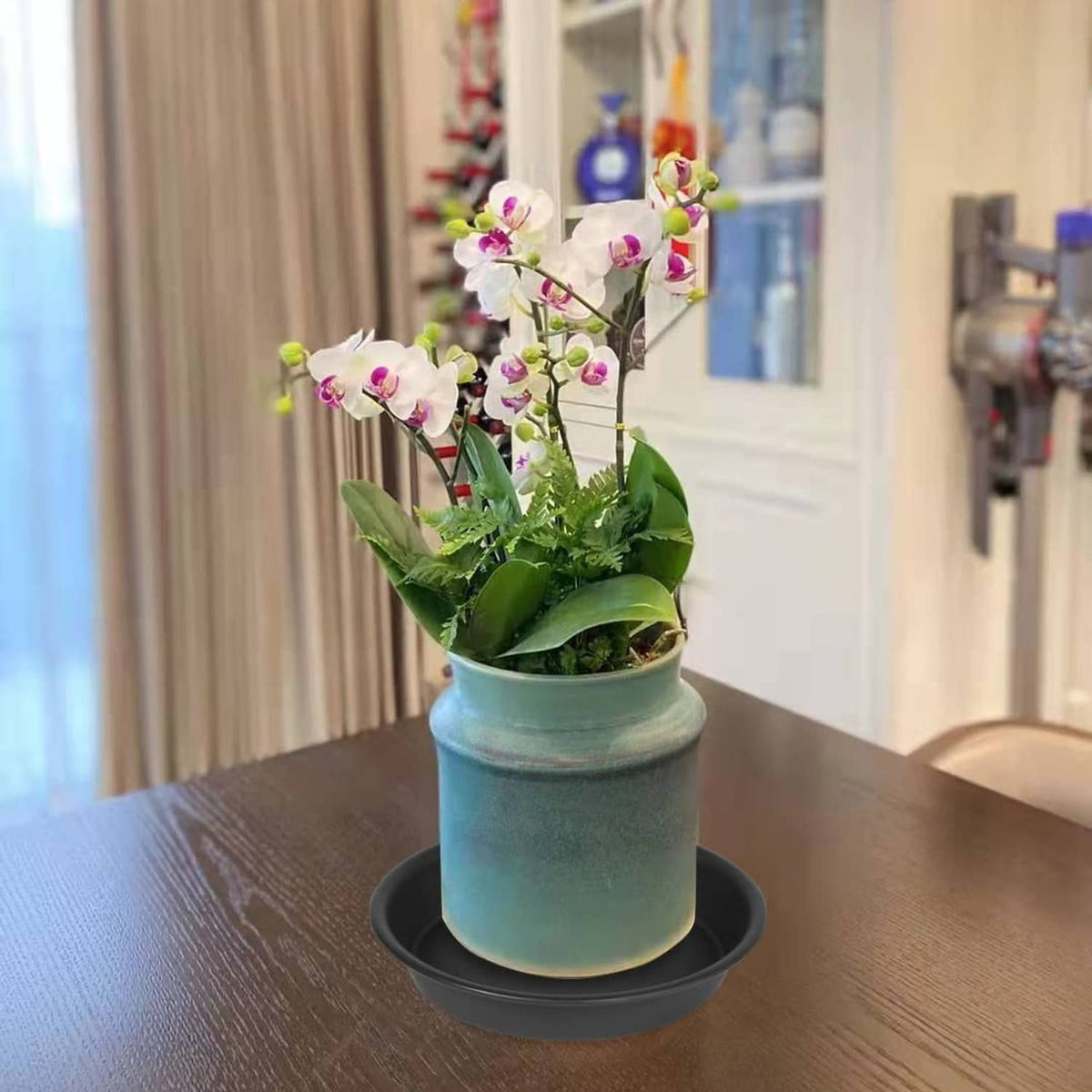 Black round plant saucer tray under a blue planter with flowers and leaves.