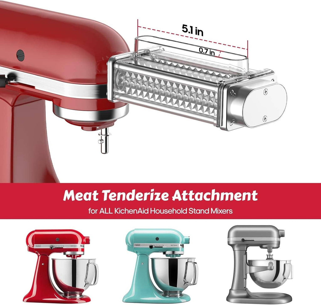 Compact meat tenderizer attachment with roller drum and size measurement