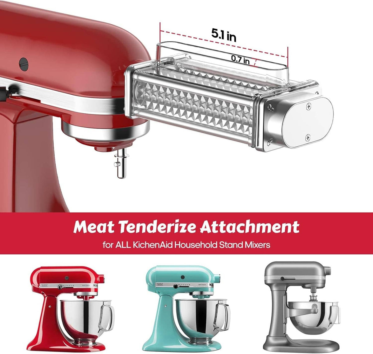 Compact meat tenderizer attachment with roller drum and size measurement