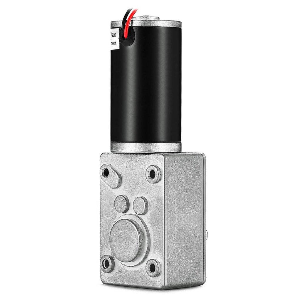 DC worm gear motor with black cylinder and silver gearbox, cable with red lead