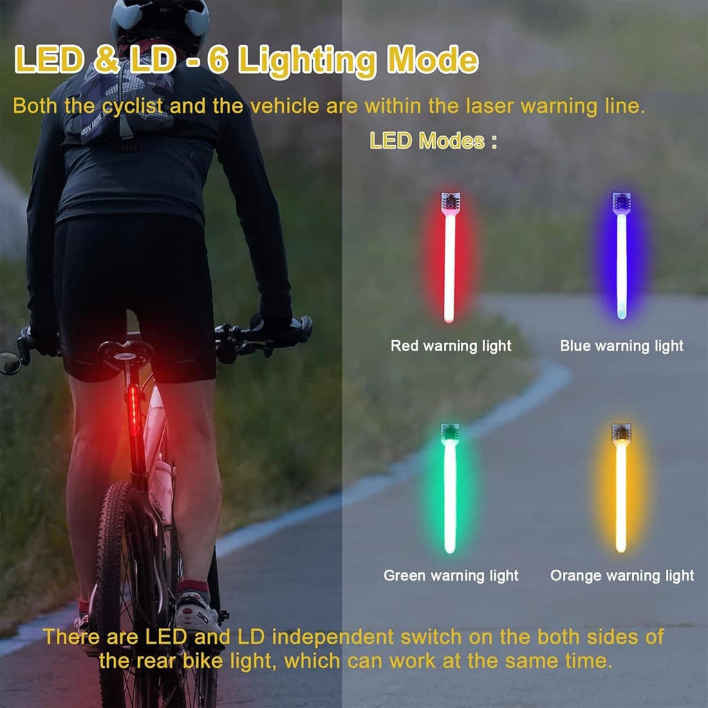 LED bike tail light with colored warning modes: red, blue, green, and orange
