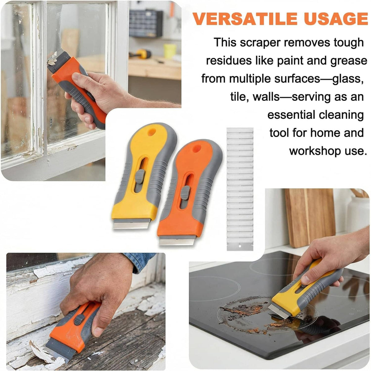 Two razor blade scrapers shown in use, yellow and orange heads with exposed blade edges