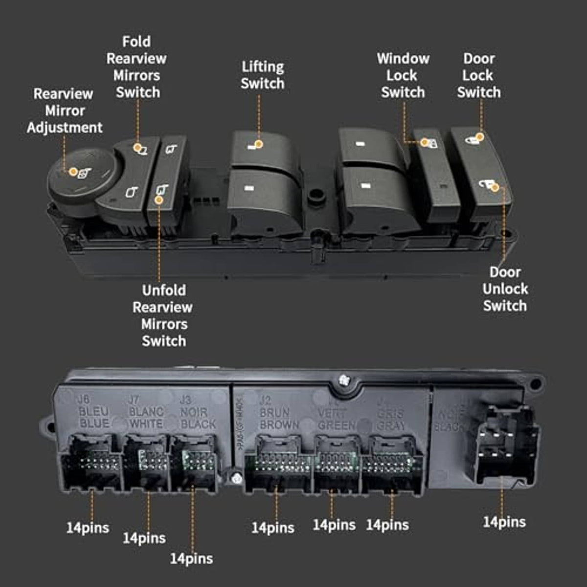Power window switch with labeled connector pins and multiple rocker positions, black