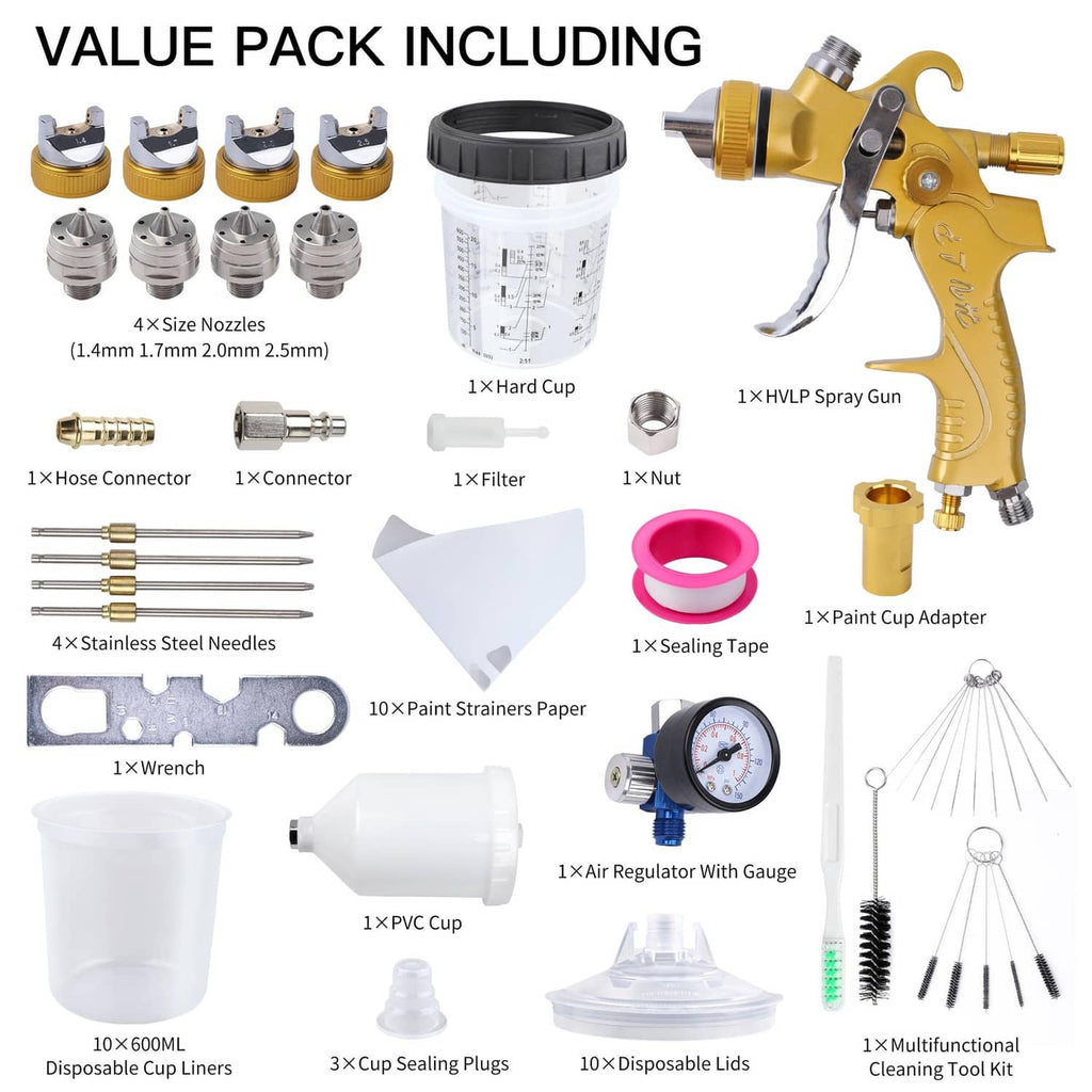 HVLP spray gun kit with multiple nozzles, stainless needles, disposable cups, adapters