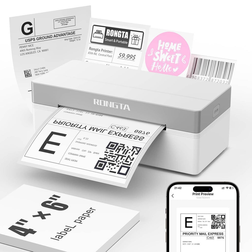 RONGTA white thermal label printer printing a QR-code label with phone preview