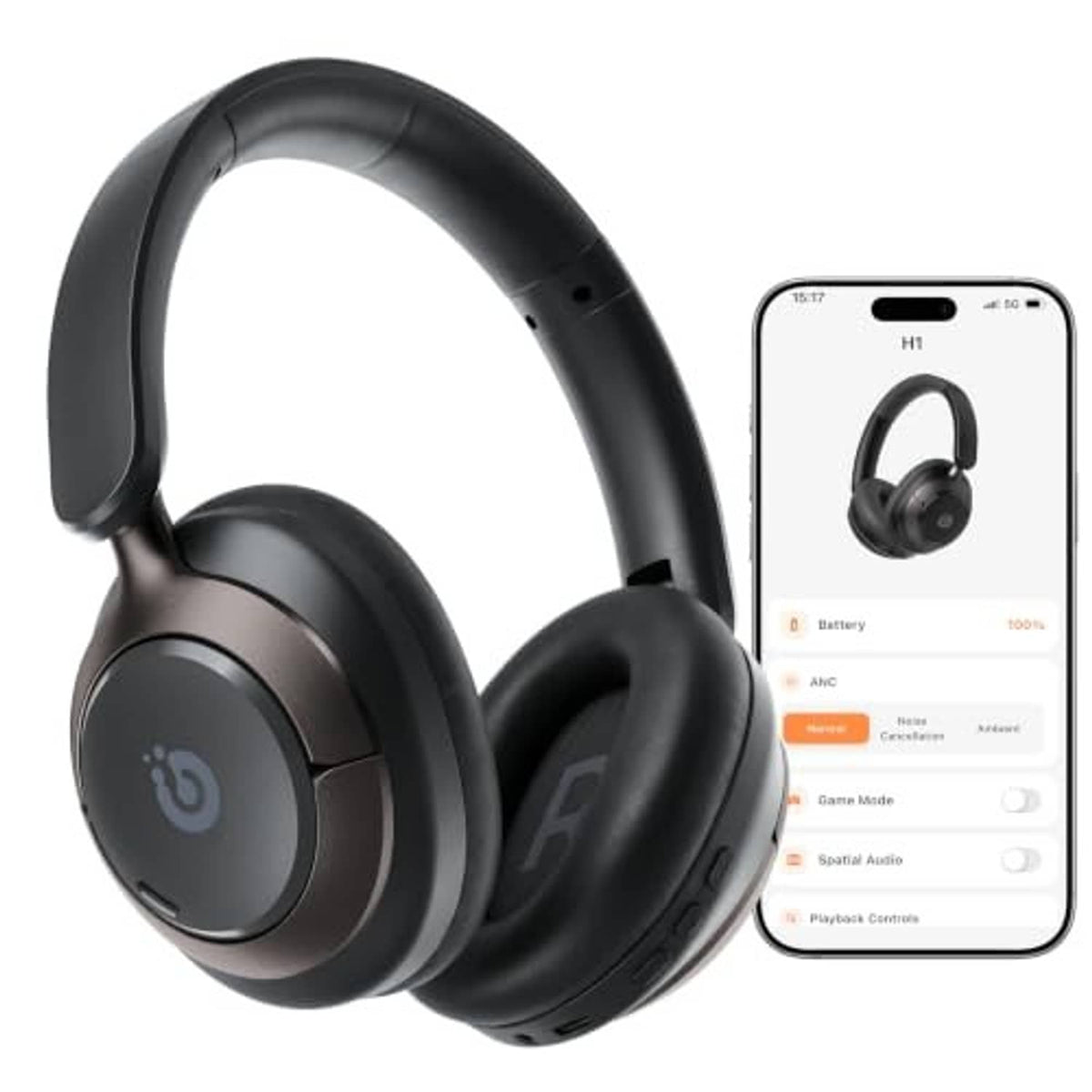 Over-ear black wireless headphones with companion phone app interface, front angle