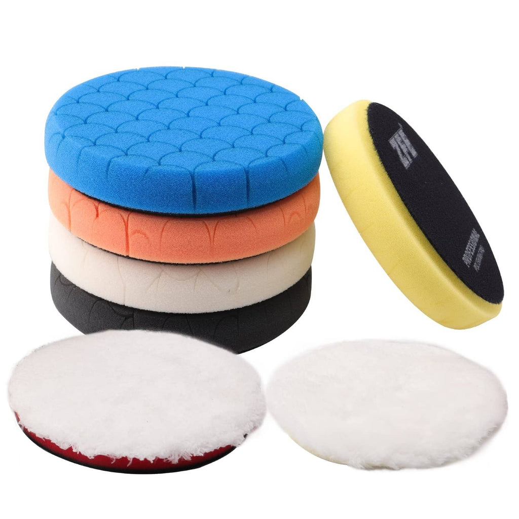 Set of circular buffing pads: blue, orange, white, black and yellow