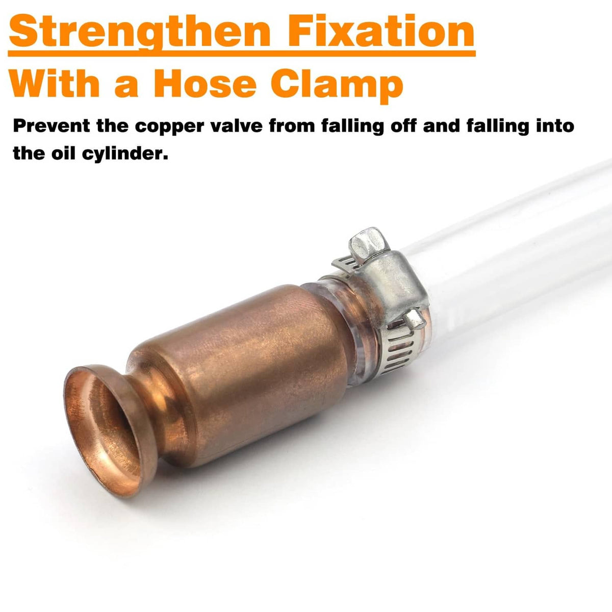 Copper valve siphon pump with hose clamp and clear PVC hose section