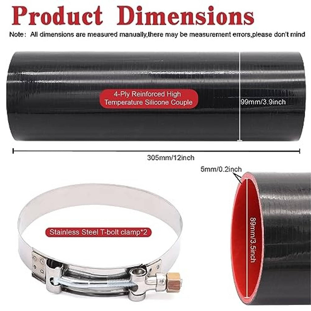 Black silicone hose coupler with red interior and two T-bolt clamps, size details shown