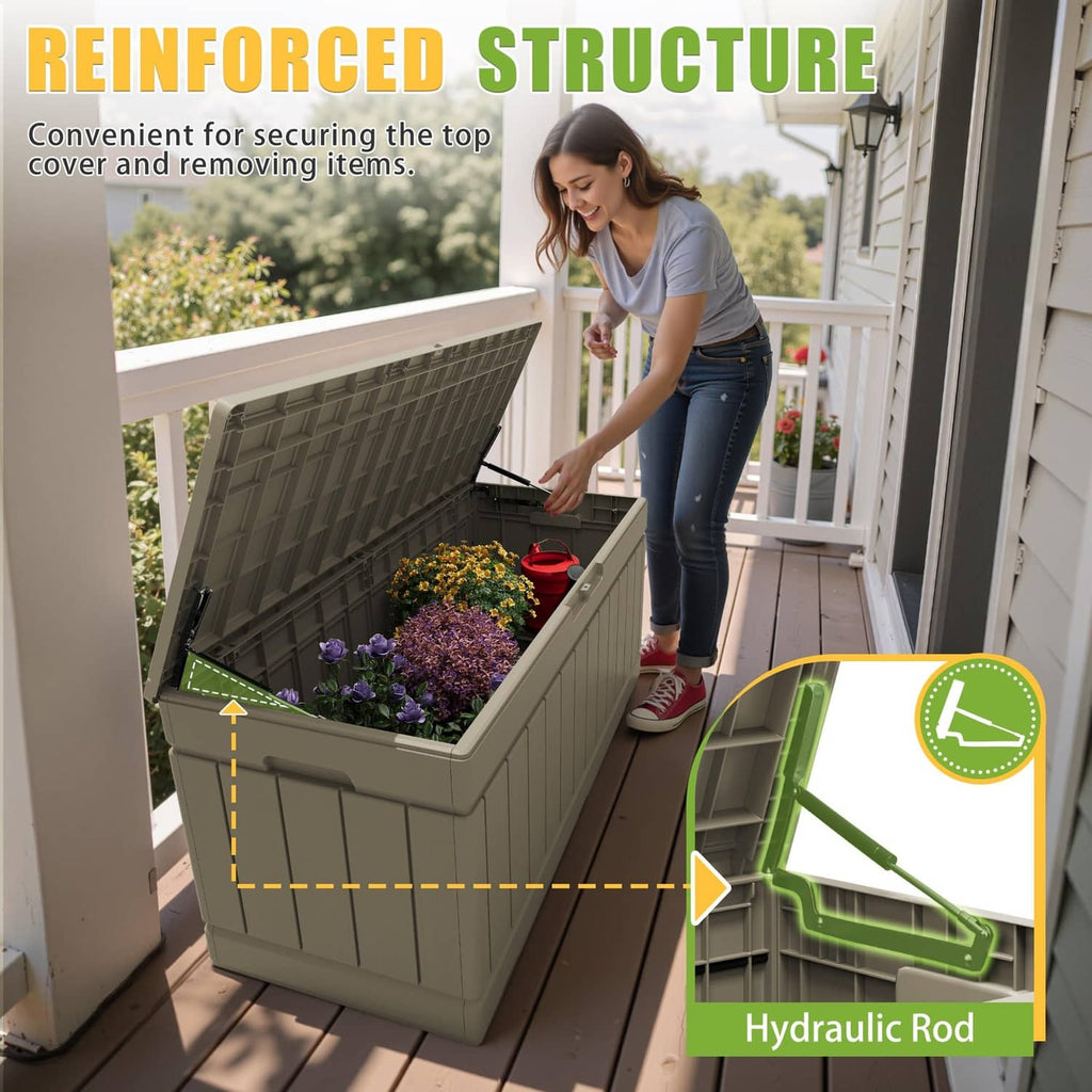 Coffee outdoor storage bin with open lid and built-in side handles