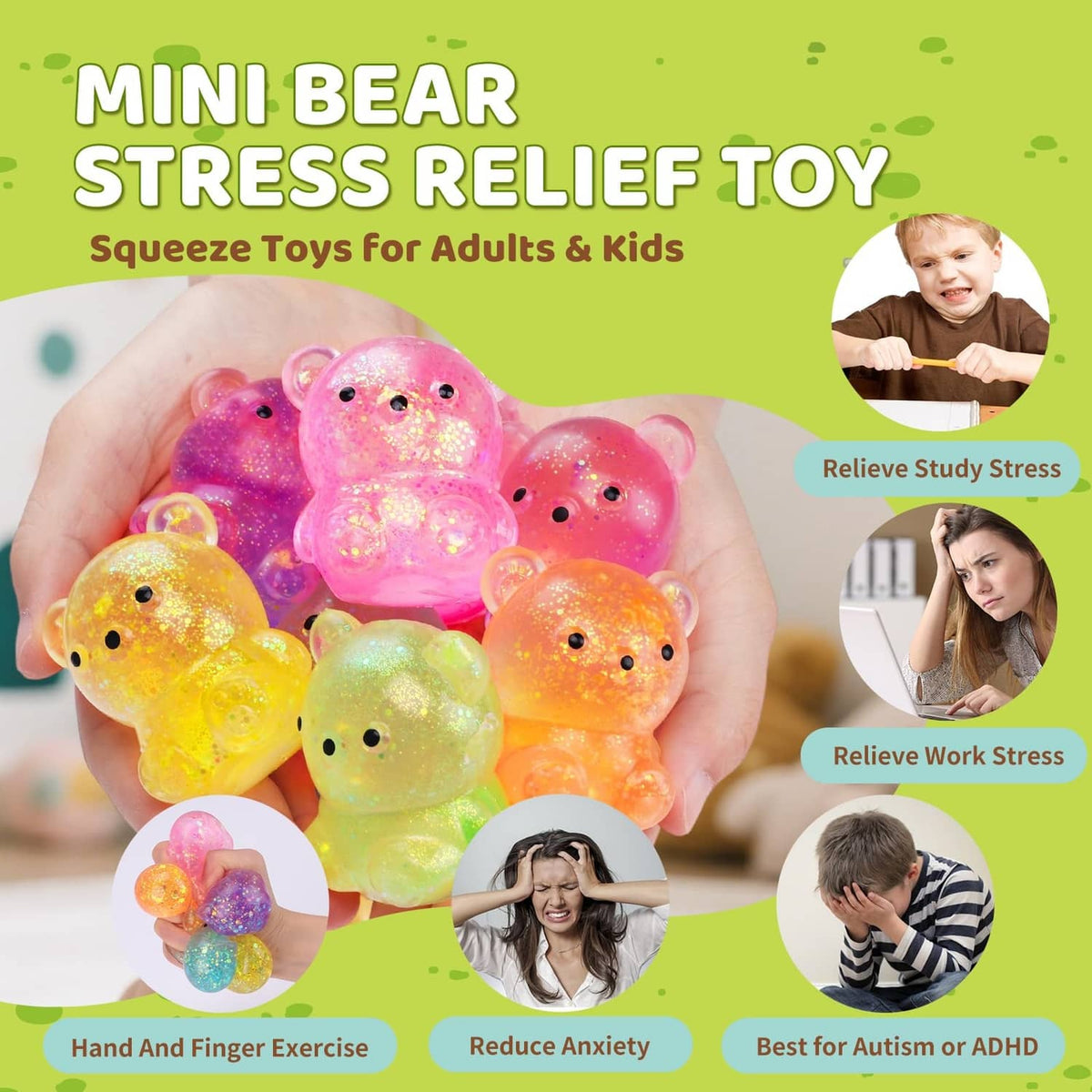 Mini glitter bear stress relief toys set, multi-color bears in hand