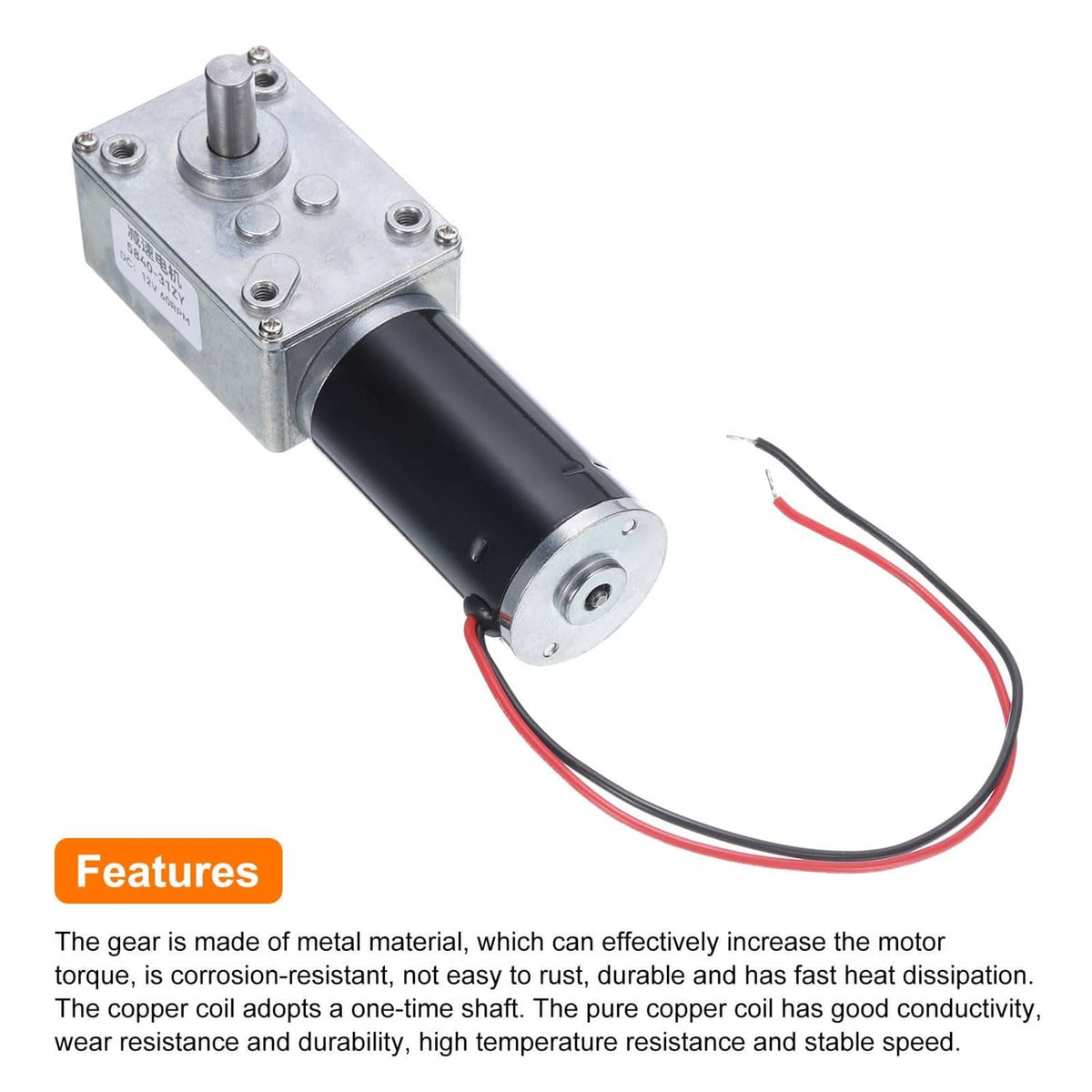DC geared worm motor, silver gearbox and black cylinder with red/black power leads