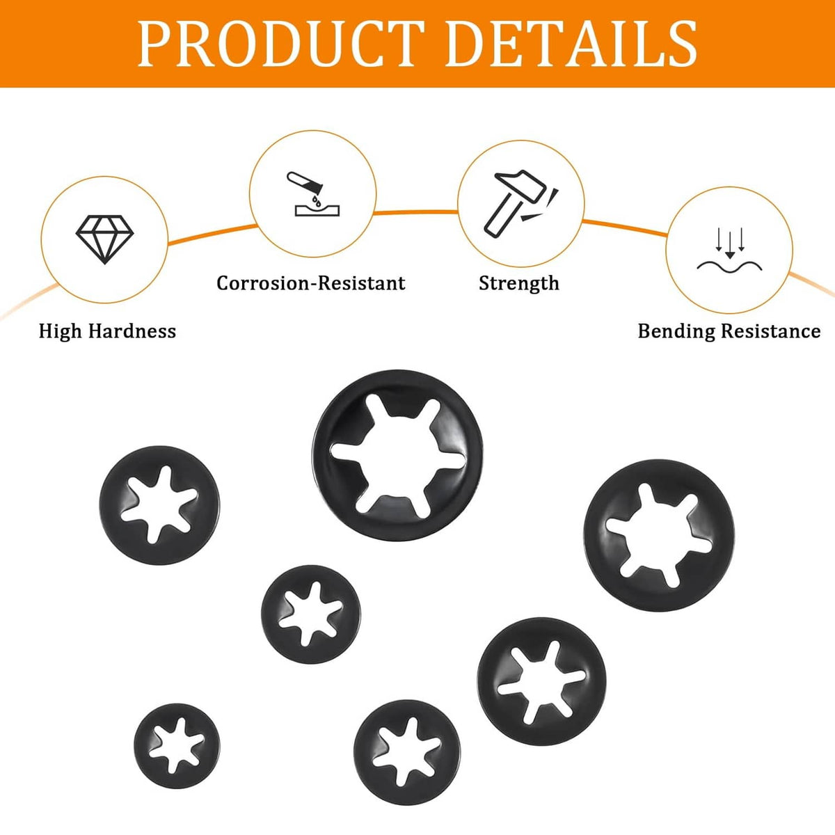 Black internal tooth star lock washers set with star-shaped drive notches