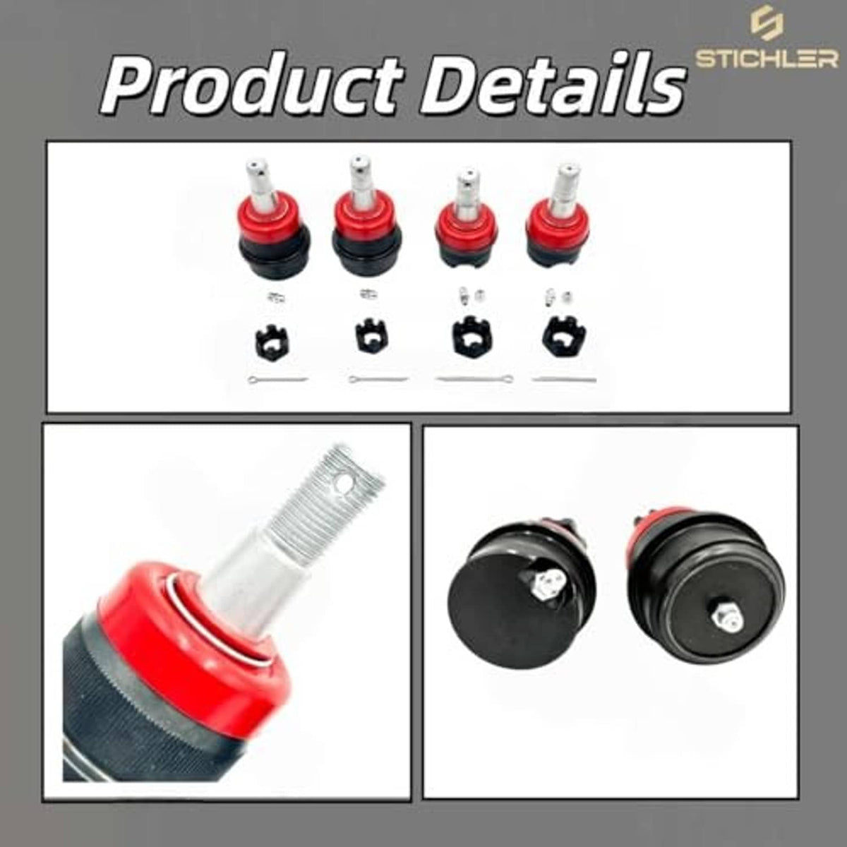 Front ball joint set with red caps, black boots, and mounting hardware pieces