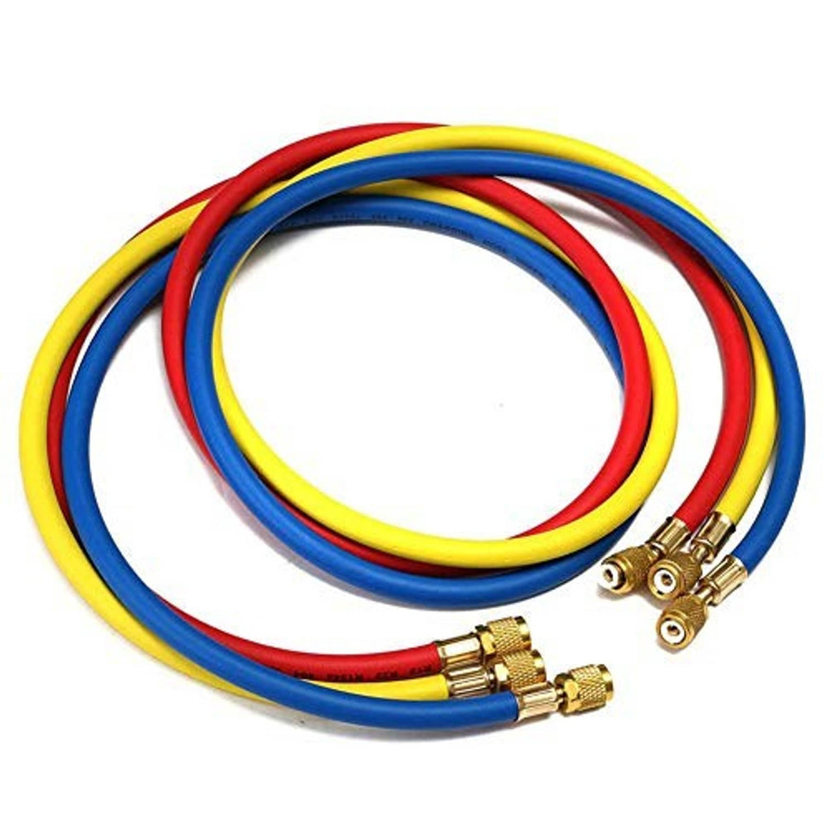 Refrigerant charging hose set with coiled red, blue, and yellow lines plus brass fittings