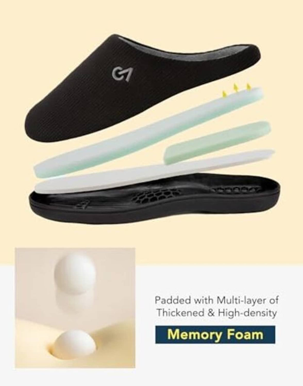 Black house slippers with memory foam layers visible, gray cushioned padding