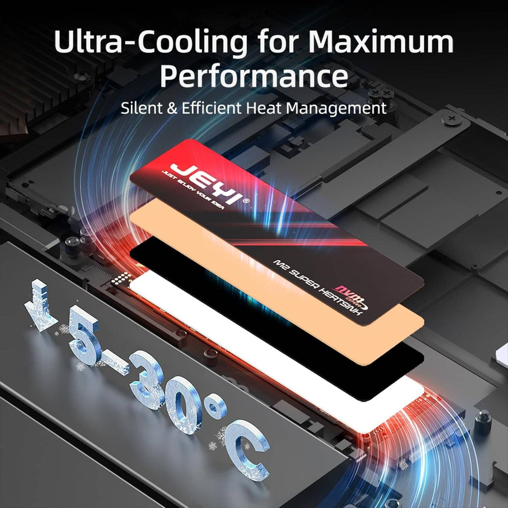 M.2 SSD heatsink thermal film strip in red-and-black with cooling heat-flow graphics
