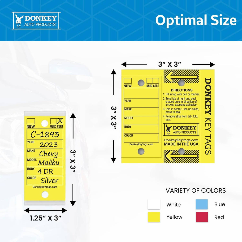 Key tag sizing chart: 3" x 3" tags and variety of colors (white, blue, yellow, red)
