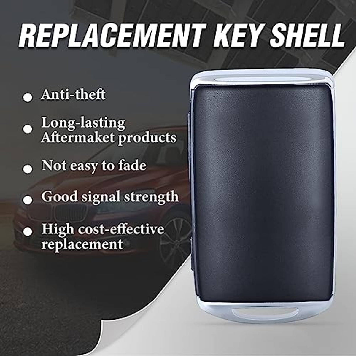 Black replacement key shell with textured finish and metal emergency key included