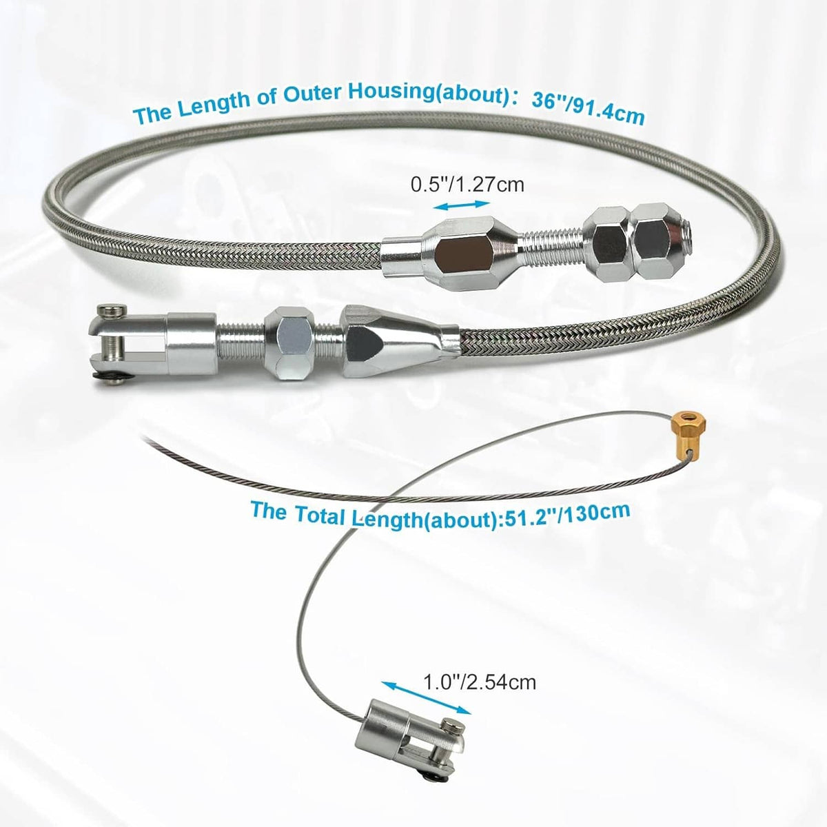 Throttle cable with braided housing, hex throttle body fitting, and adjustable end