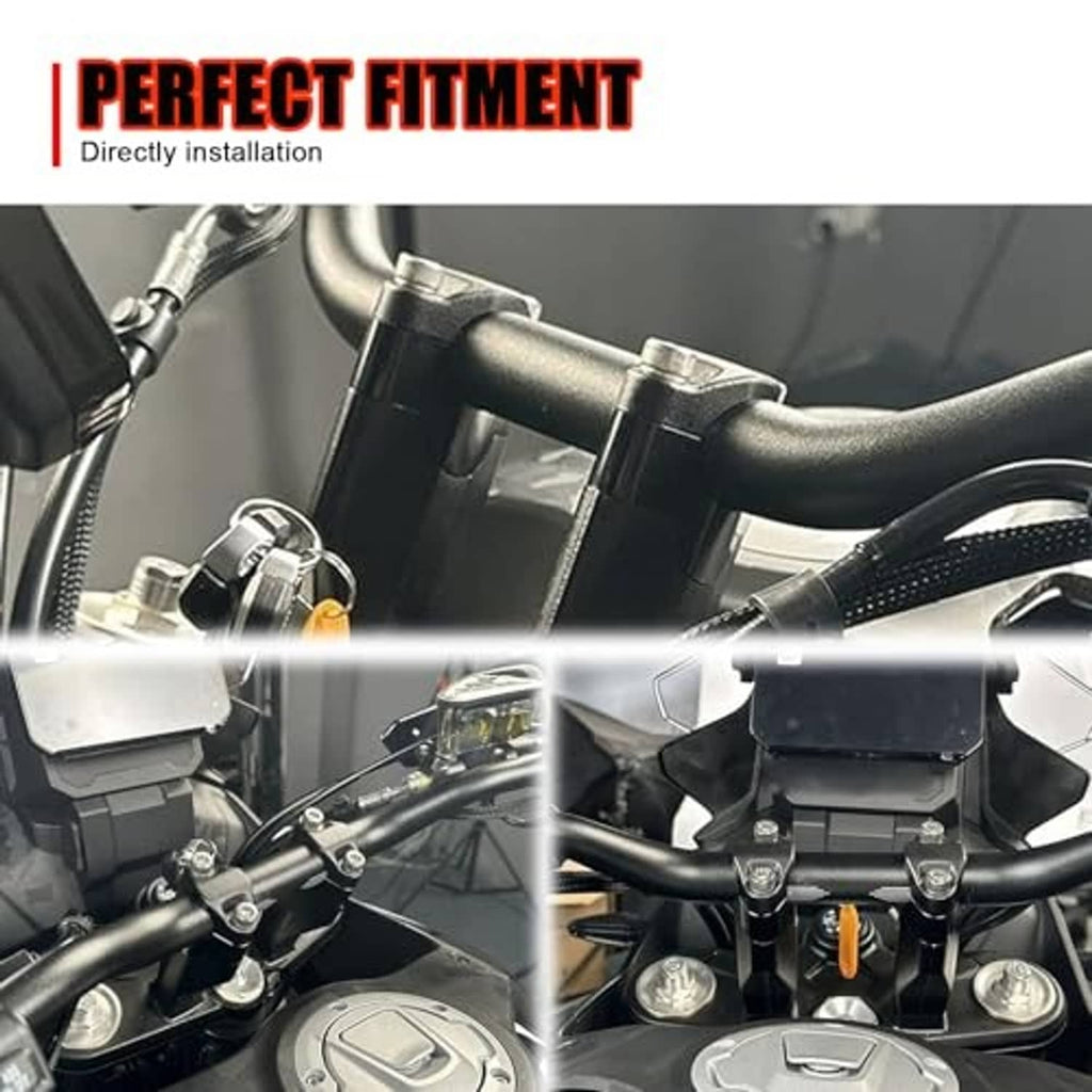 Installed black handlebar riser bracket raising handlebar near controls