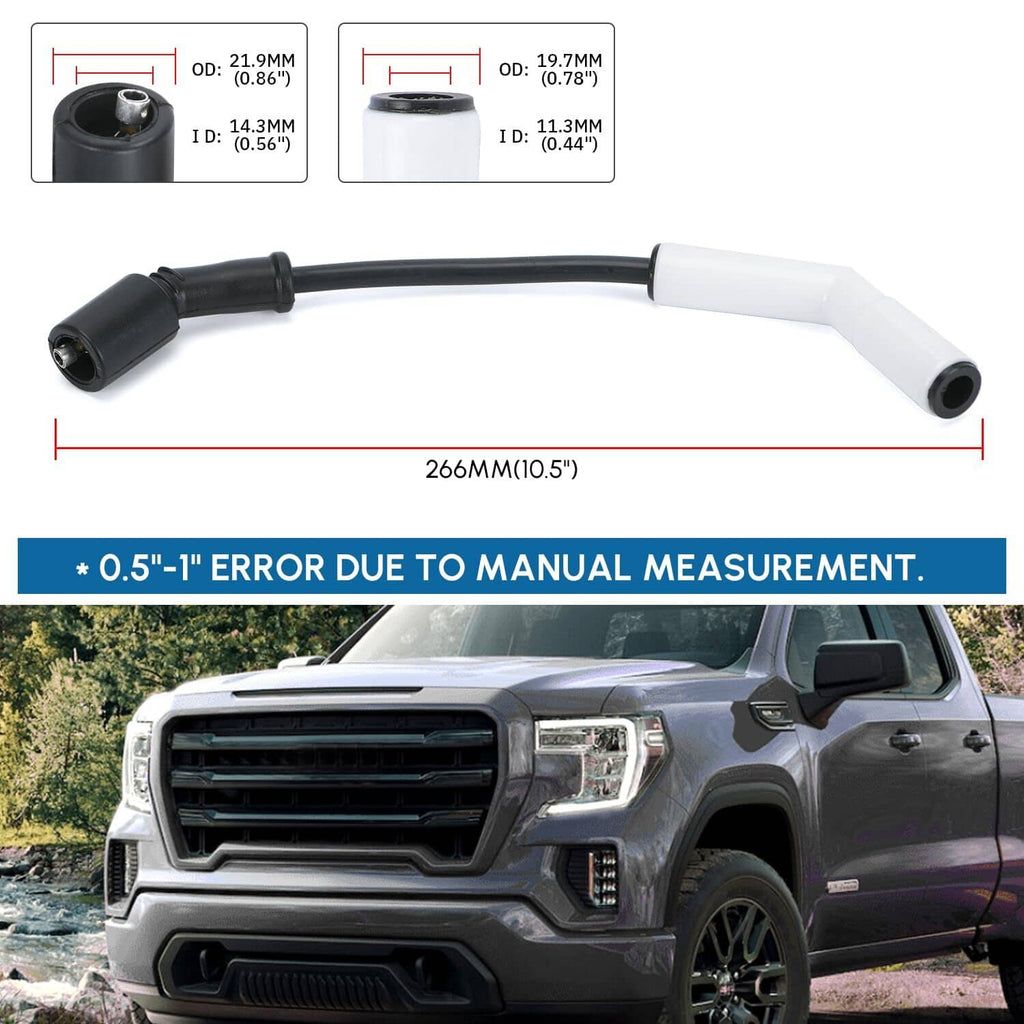Spark plug wire with black end boot and white ceramic boot, shown with length diagram