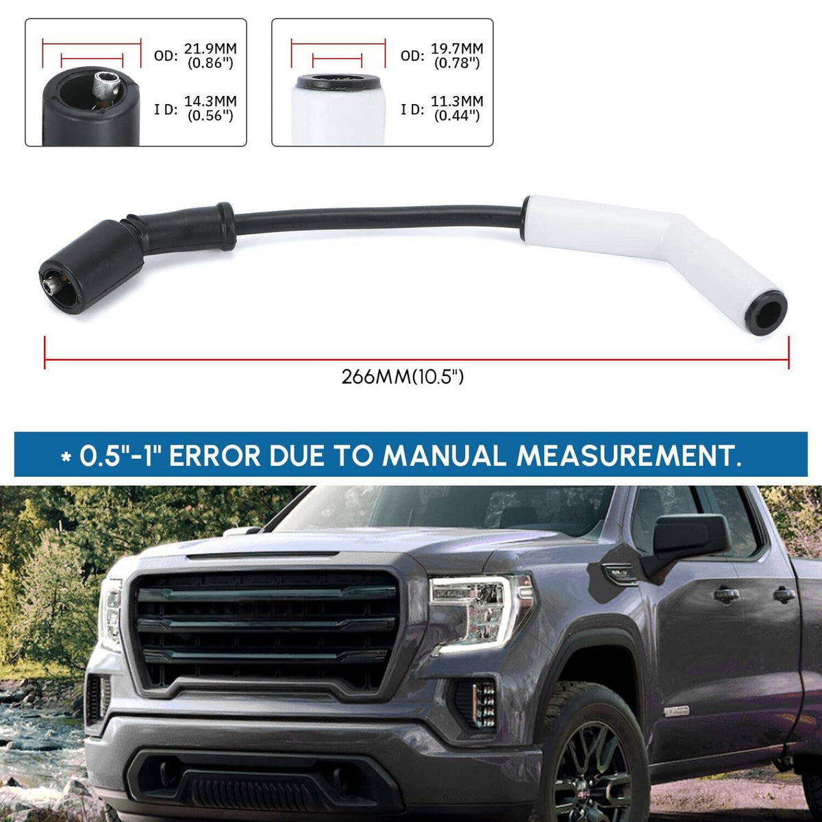 Spark plug wire with black end boot and white ceramic boot, shown with length diagram