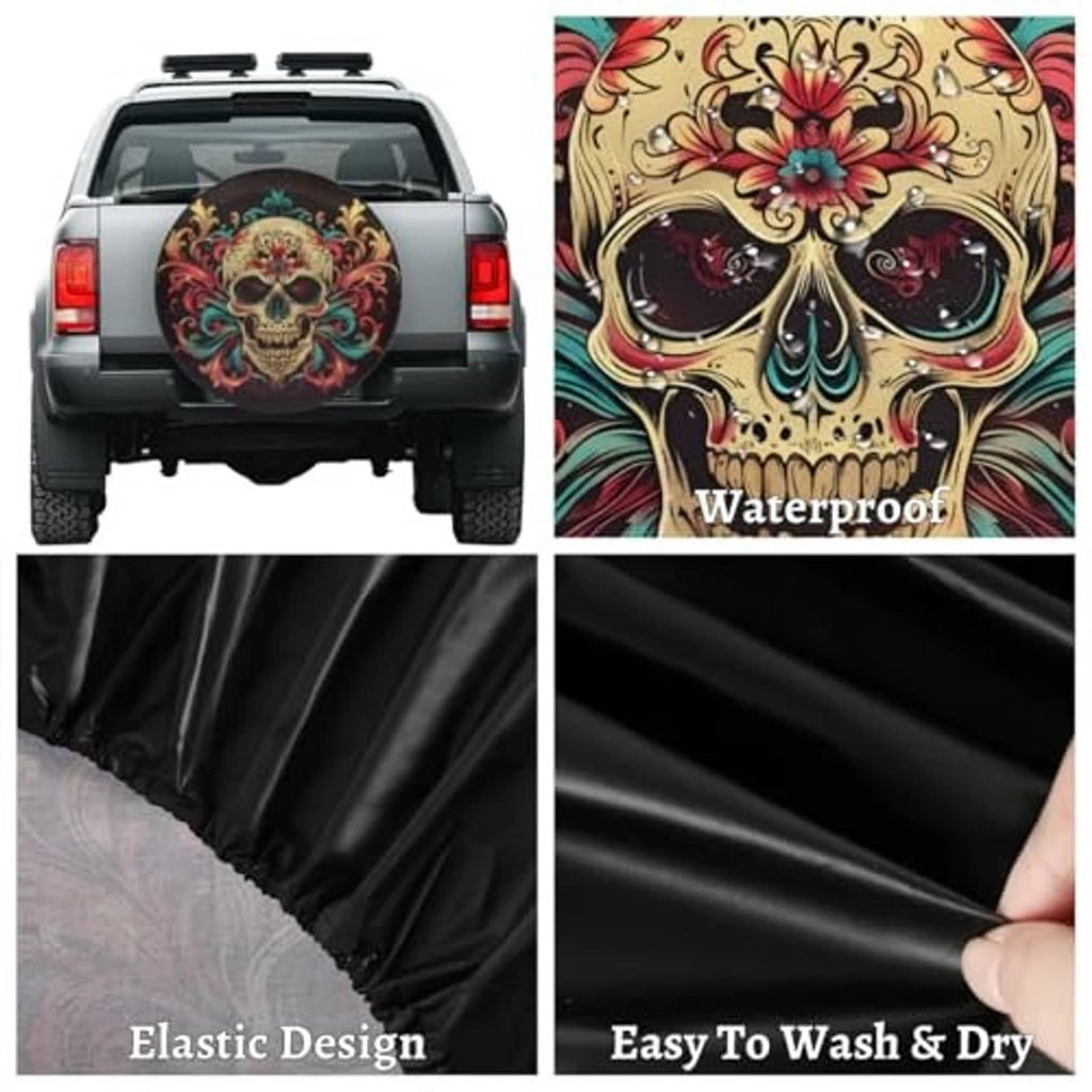 Black spare tire cover with colorful skull graphic, shown with elastic fitted design