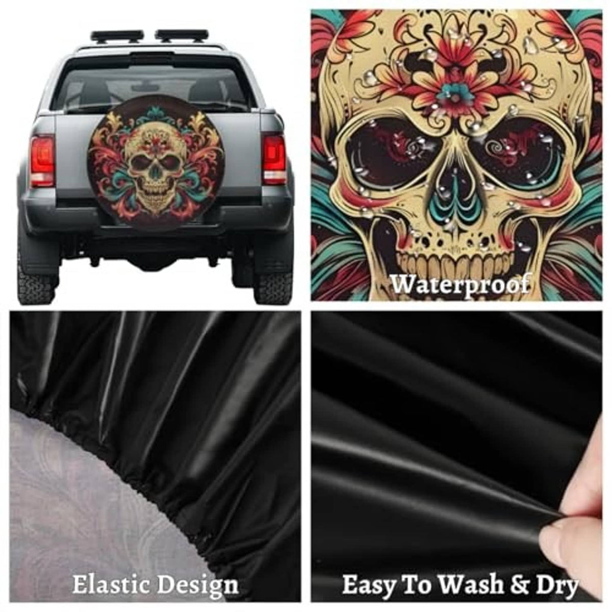 Black spare tire cover with colorful skull graphic, shown with elastic fitted design
