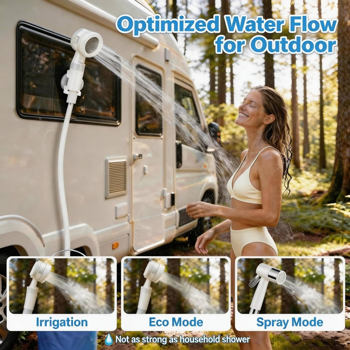 Portable shower pump with spray head and hose, misting water outdoors