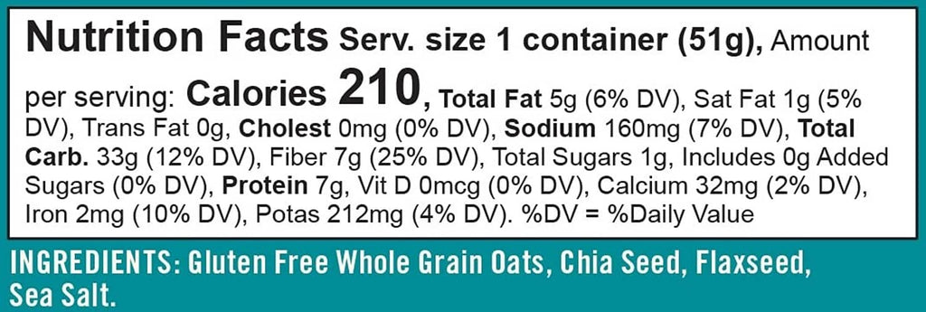 Gluten-free oatmeal cup nutrition facts label with calories, fat, and ingredients