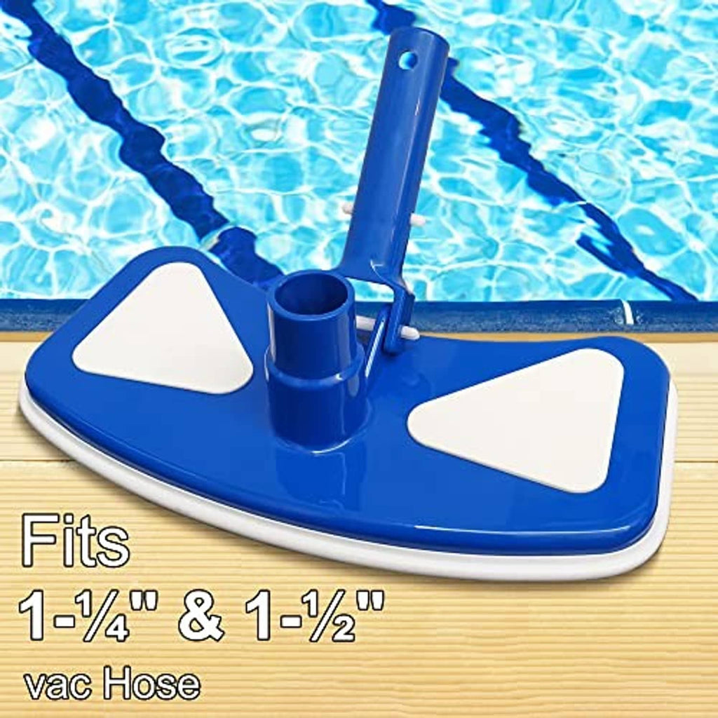 Blue pool vacuum head on pool floor with white brush pads and hose connection