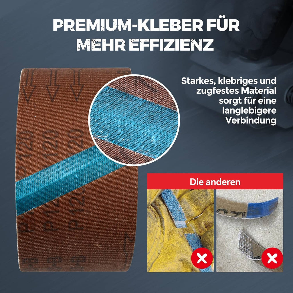 Blue sanding belt roll with close-up of abrasive strip edge and bonded area