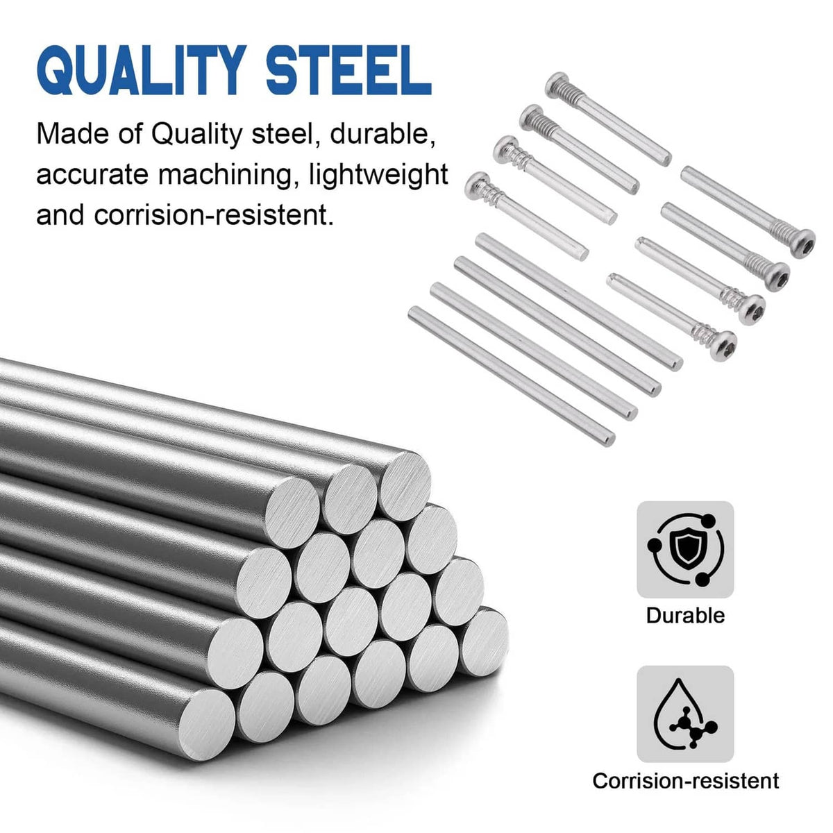 Assorted steel suspension pins and screws, silver cylindrical rods with threaded heads