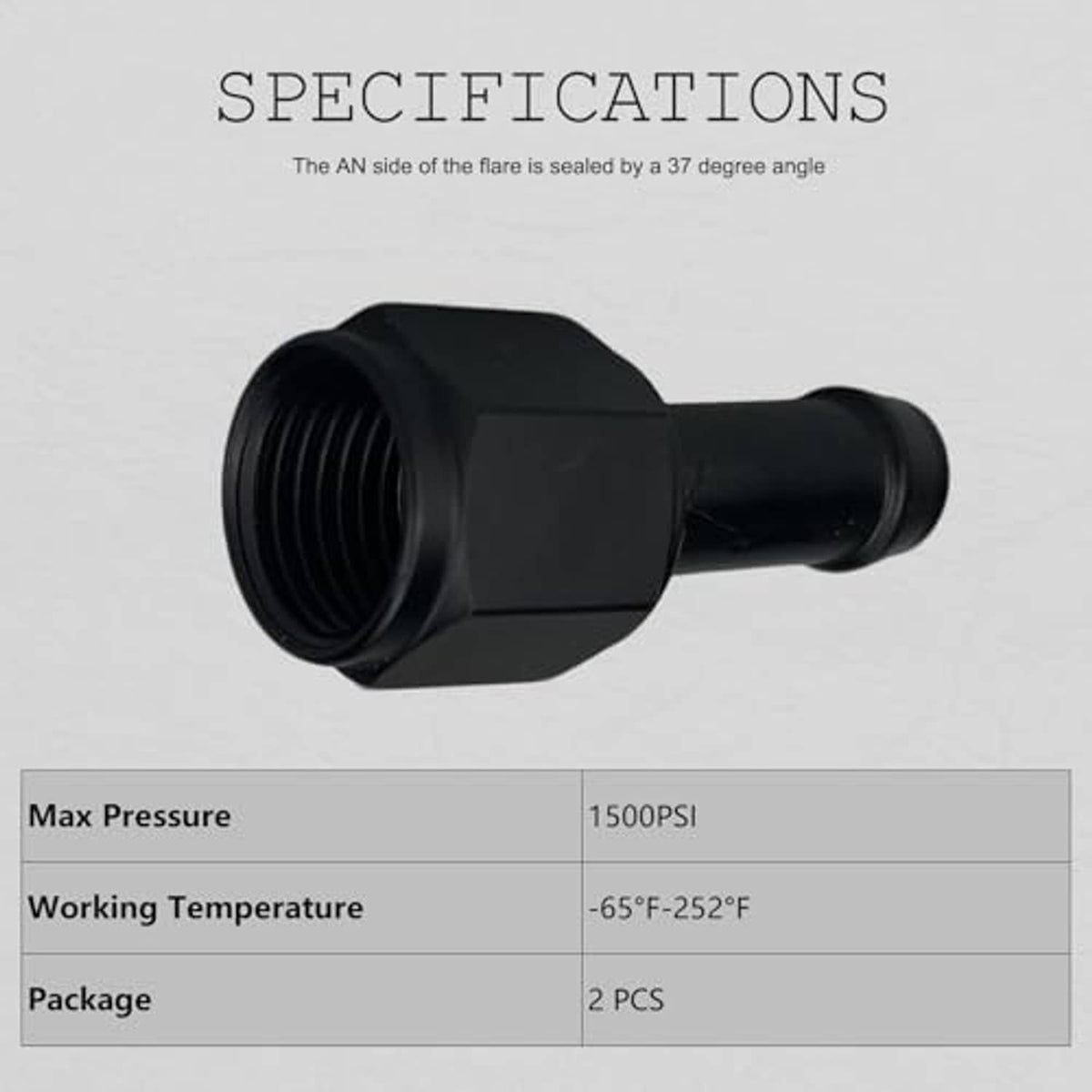 Black 10AN female to 3/8" barb hose adapter specifications panel