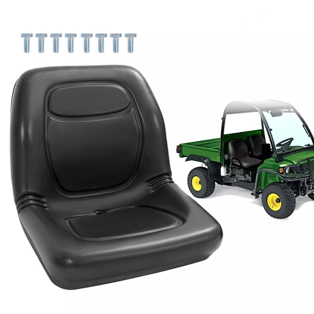 Black molded seat for John Deere Gator with contoured seat cushion and backrest
