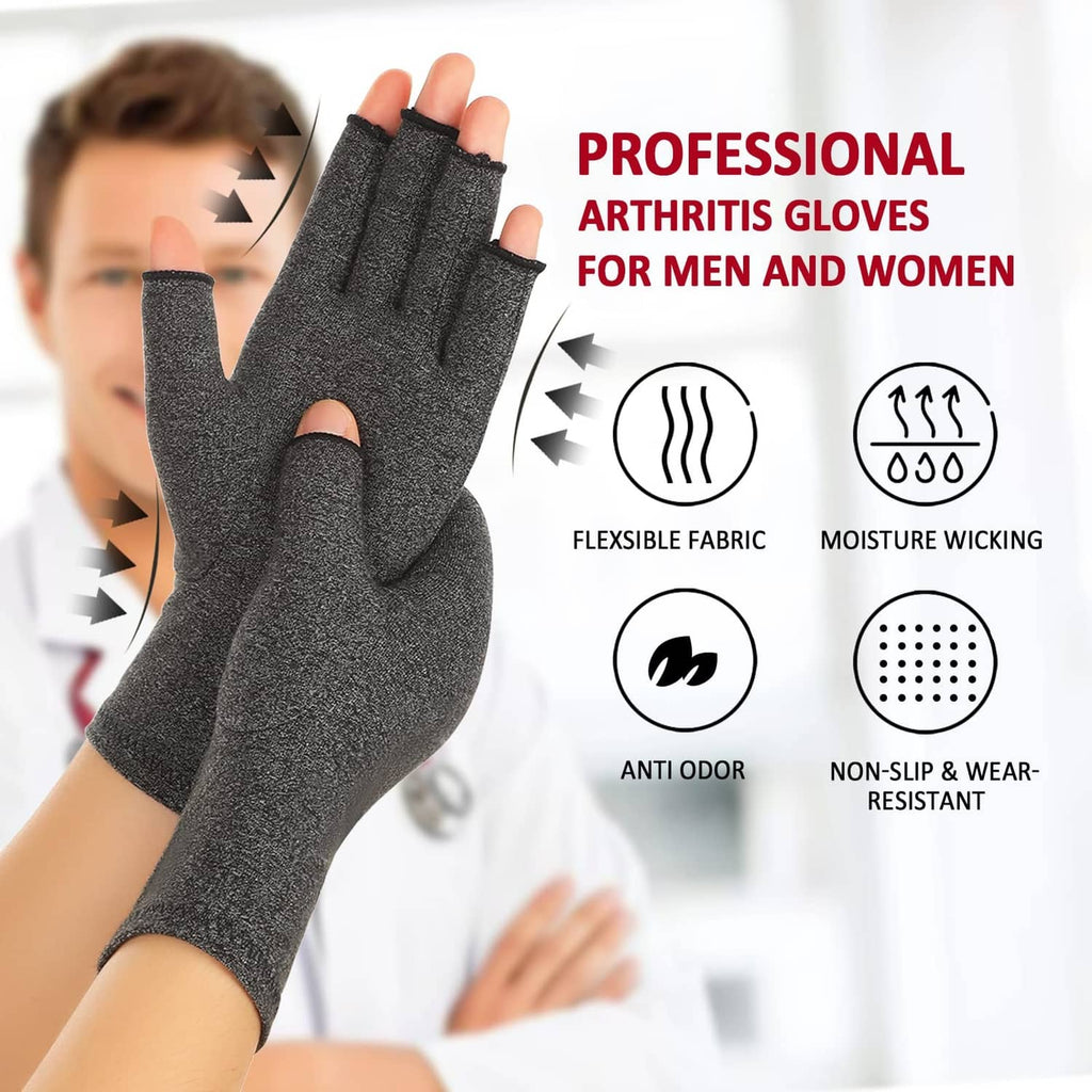 Gray fingerless compression gloves on hands, flexible textured fabric