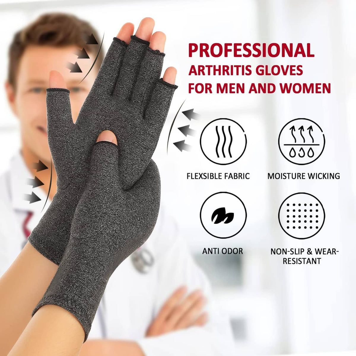 Gray fingerless compression gloves on hands, flexible textured fabric