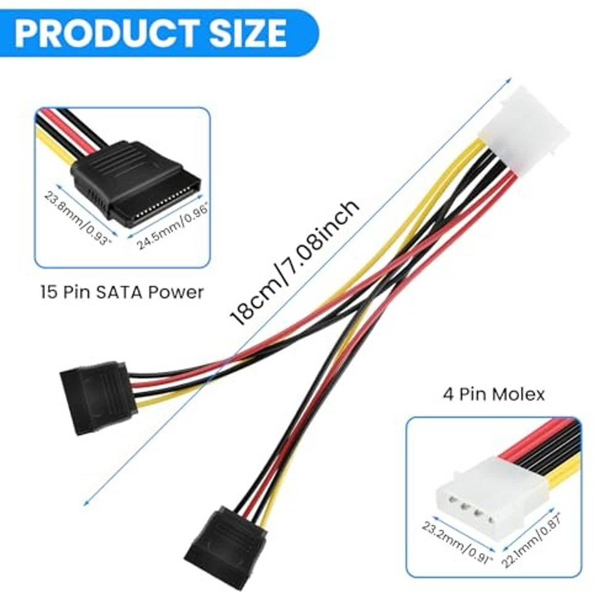 Dual SATA power adapter cable with 4-pin Molex connector and SATA plugs with wires