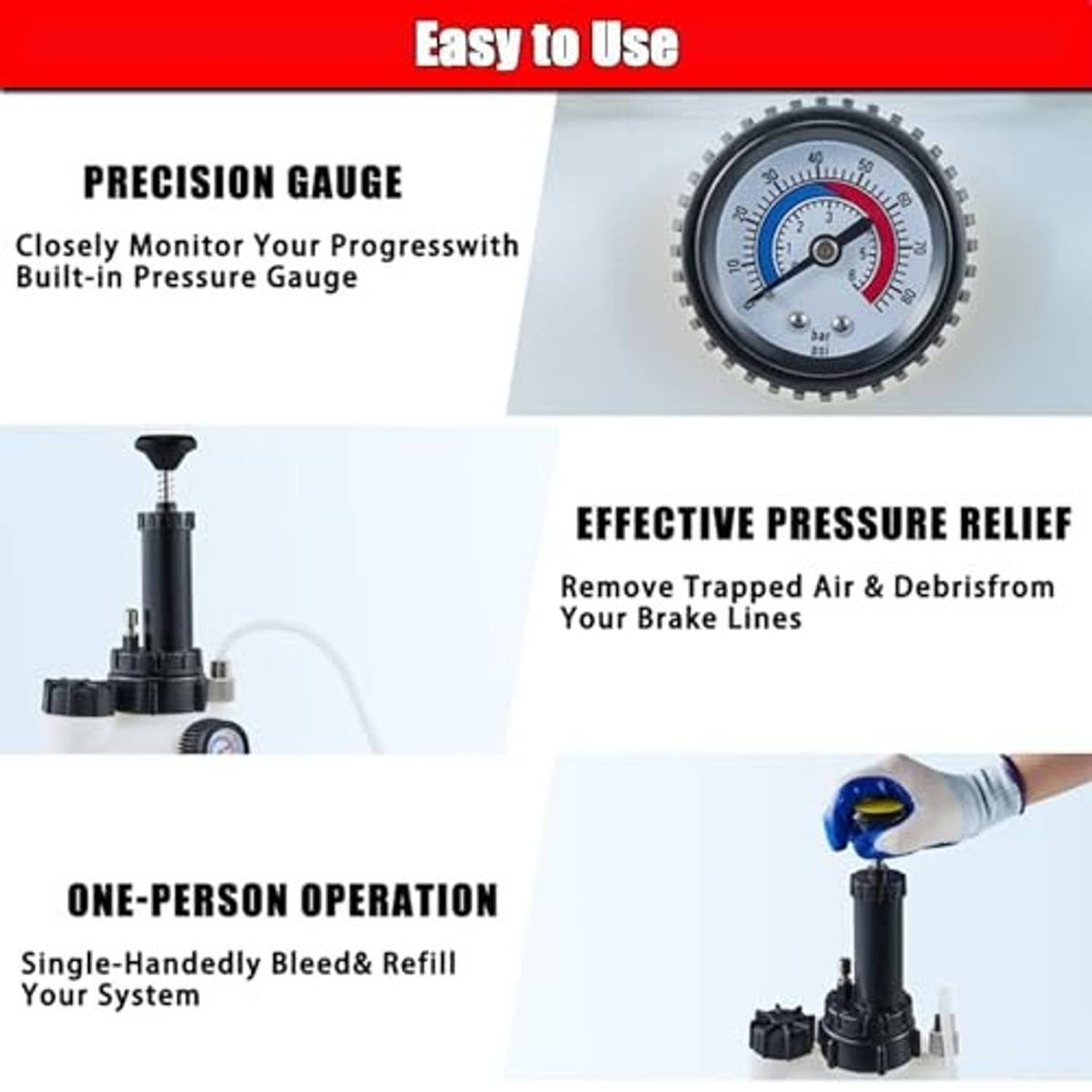 Brake bleeder pump with built-in pressure gauge for one-person operation