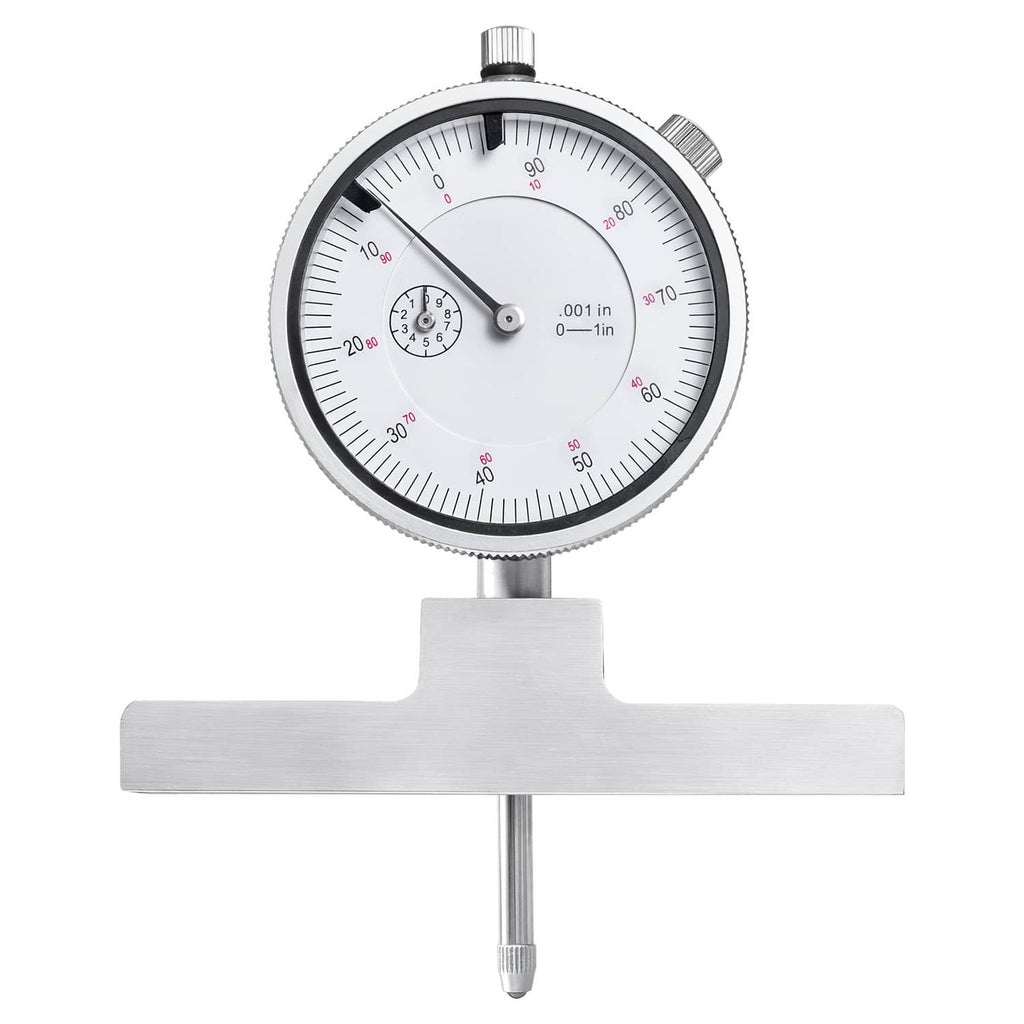 Dial depth gauge micrometer front view with large white dial face and metal anvil
