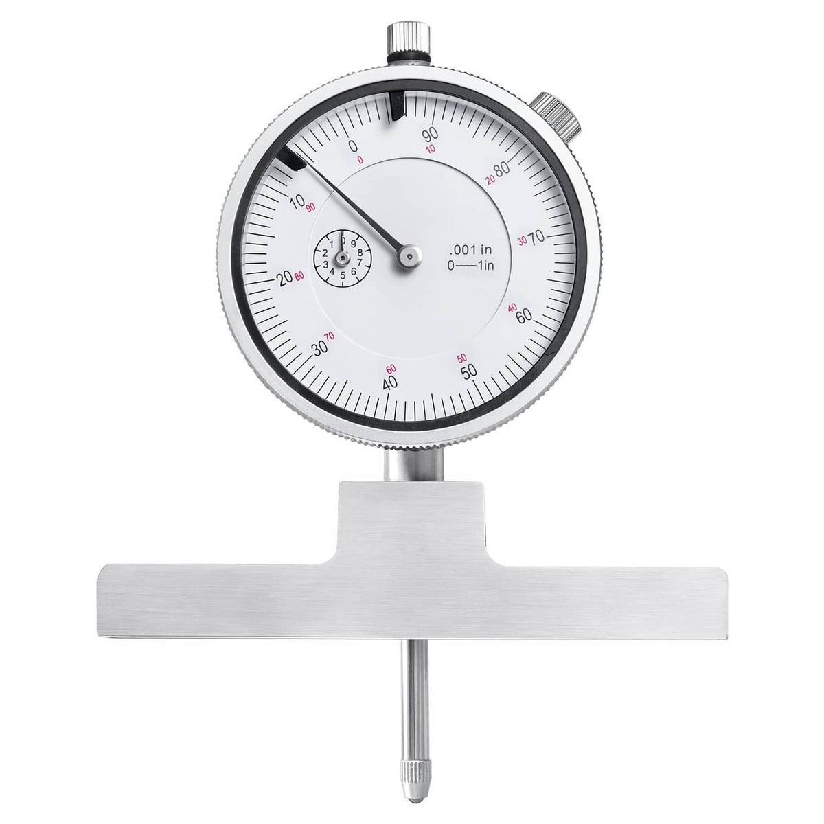 Dial depth gauge micrometer front view with large white dial face and metal anvil