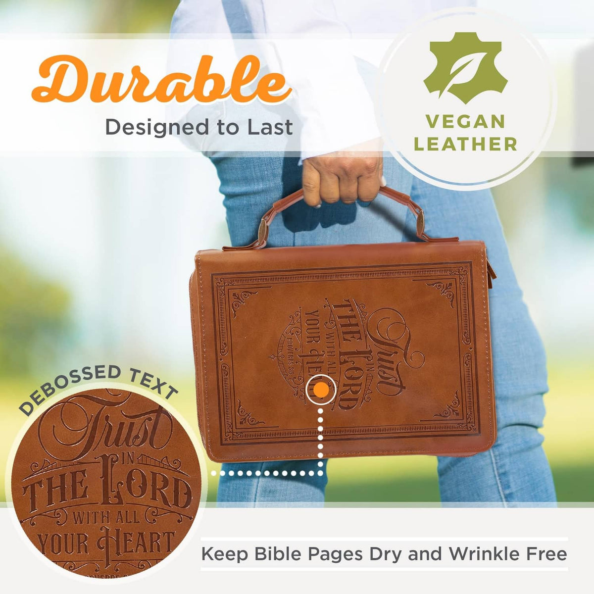Brown vegan leather Bible cover with embossed design and top carry handle