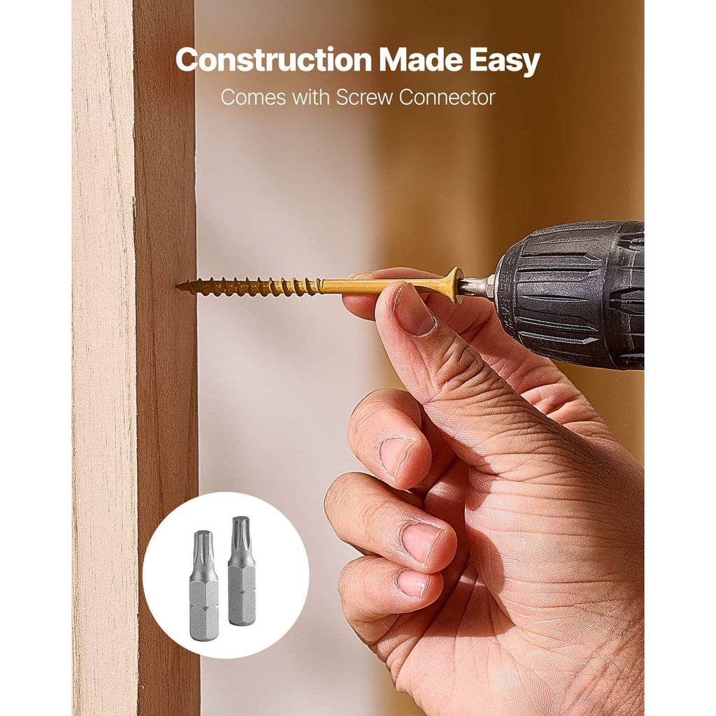 Wood screw being driven with a drill into a wooden board for construction