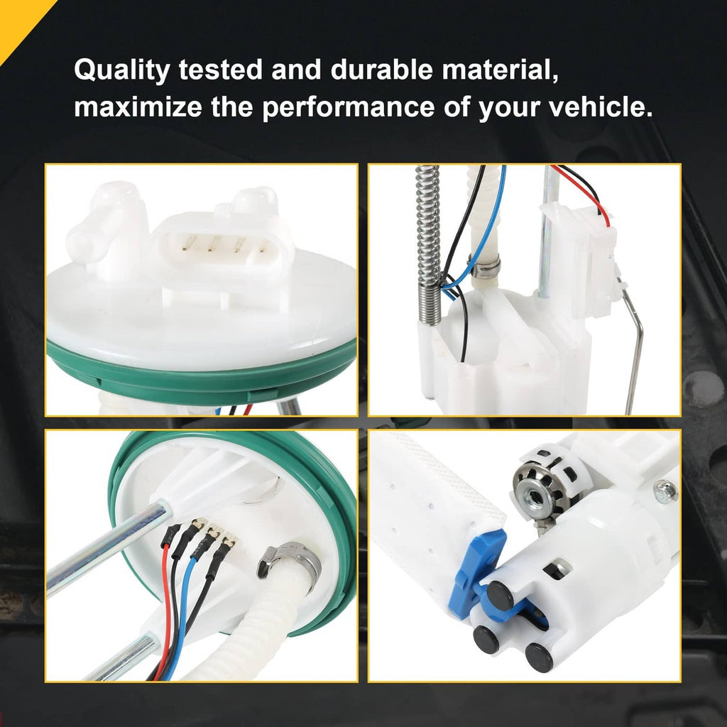 Fuel pump assembly detail: white housing, wiring harness, and sensor-style component