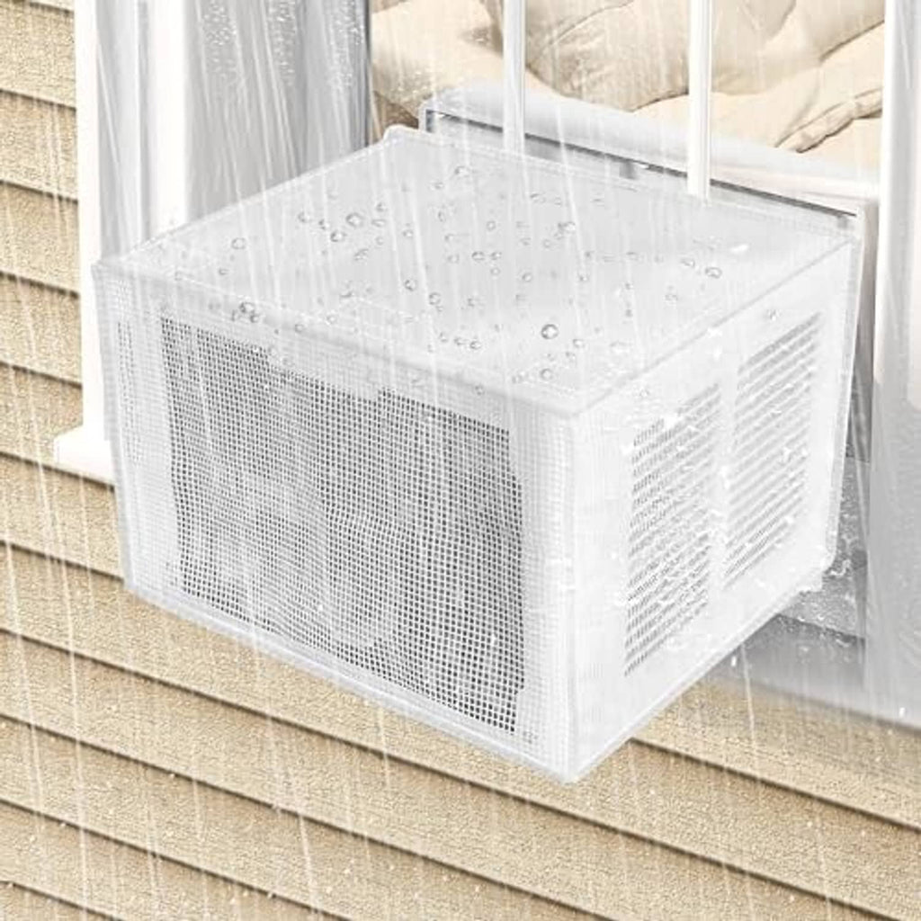 White PVC mesh AC cover with rolled top flap and front grille, shown in place.