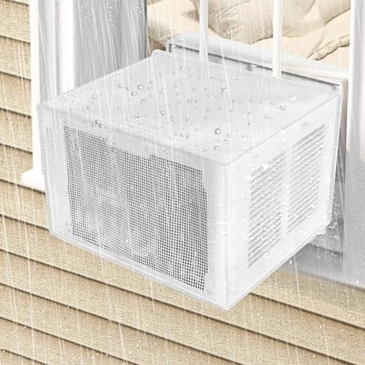 White PVC mesh AC cover with rolled top flap and front grille, shown in place.